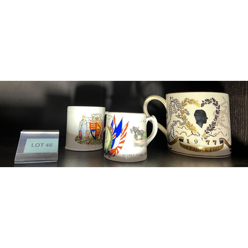 46 - Wedgwood 1977 mug, rare Morecambe mug 1919 and a rare poulton le fylde Shelly mug 1911