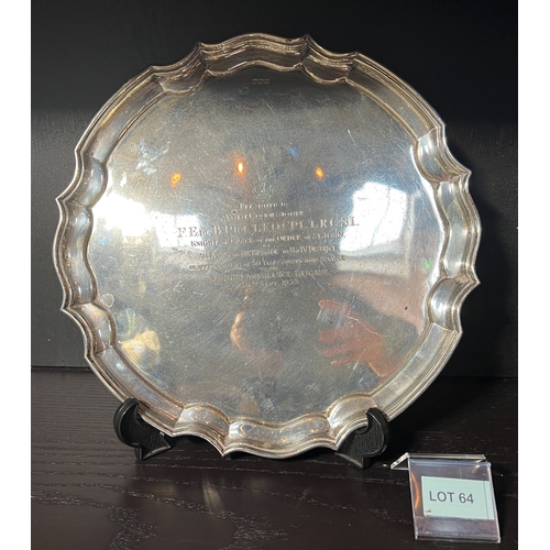 64 - A large solid silver legged presentation tray dated September 30th 1933 weight 860g - approx 30cm