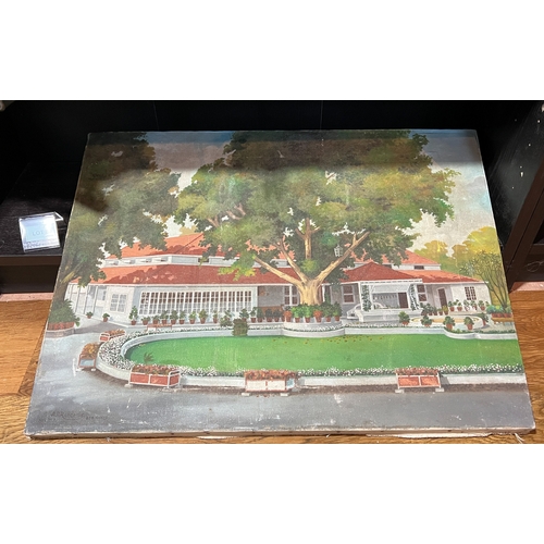 69 - original Indian oil on canvas depicting a bungalow signed A.R Randerla- Beg Kirklee August 1919