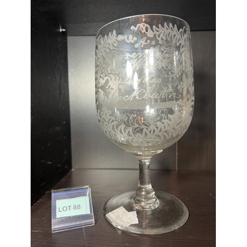 88 - A rare fine large antique engraved glass presentation goblet circa 1800s. Engraved to the body “moth... 