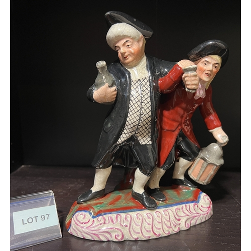 97 - Antique Staffordshire figure of the drunken men circa 1820-1830s