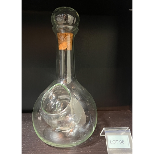 98 - Unusual Victorian handblown laboratory glass decanter with recess and corked stopper