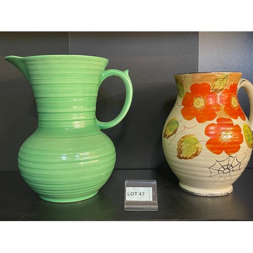 47 - Large art deco period Shelley wear green spiral decorated jug c1930’s and a large Arthur wood art de... 