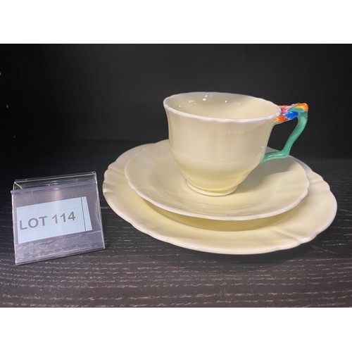 114 - Rare “crown” 3 piece tea cup saucer and plate with uranium glaze