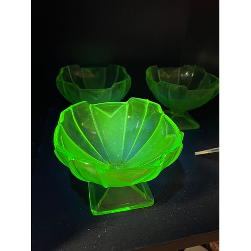 23 - Uranium glass art deco  punchbowl and six punch/ trifle glasses.