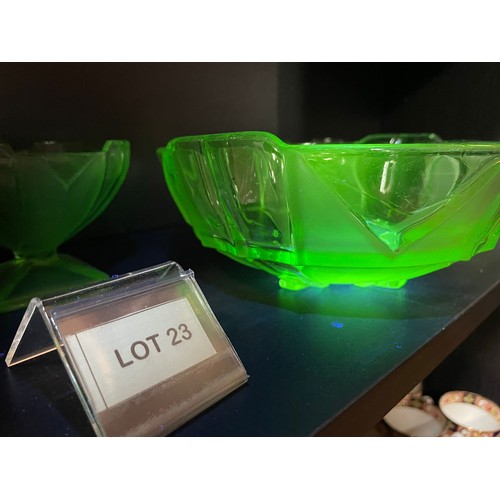 23 - Uranium glass art deco  punchbowl and six punch/ trifle glasses.