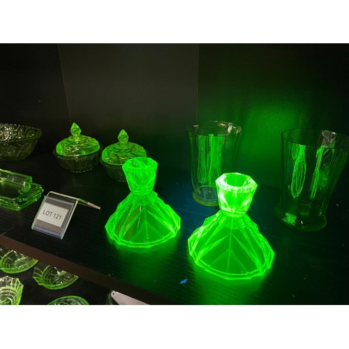 121 - 13 pieces of art deco uranium glass plus 2 green glass cups