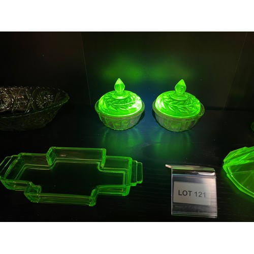 121 - 13 pieces of art deco uranium glass plus 2 green glass cups