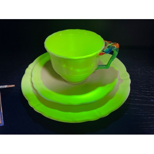 114 - Rare “crown” 3 piece tea cup saucer and plate with uranium glaze