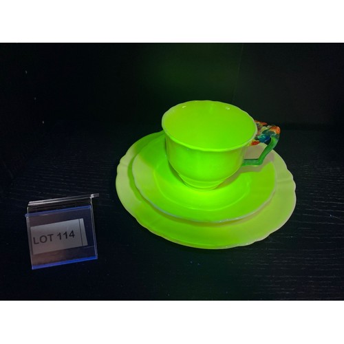 114 - Rare “crown” 3 piece tea cup saucer and plate with uranium glaze