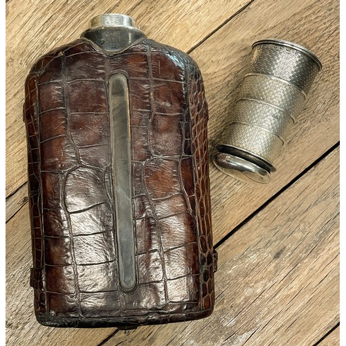 219a - A rare and unique heavy jumbo sized quality Victorian silver and crocodile skin clad hip/pocket whis... 