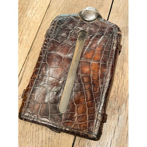 219a - A rare and unique heavy jumbo sized quality Victorian silver and crocodile skin clad hip/pocket whis... 