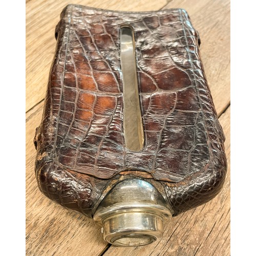 219a - A rare and unique heavy jumbo sized quality Victorian silver and crocodile skin clad hip/pocket whis... 