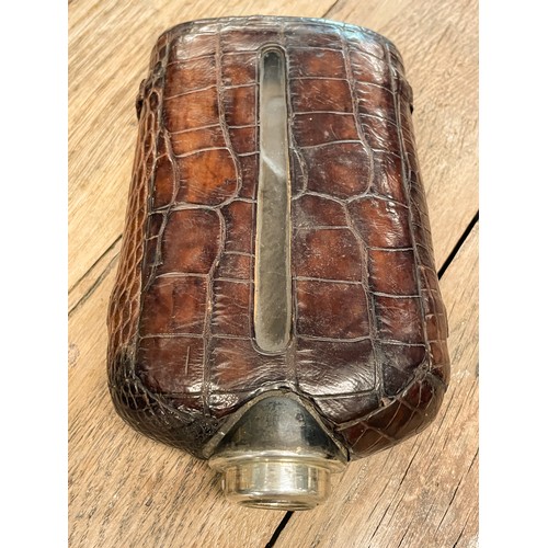 219a - A rare and unique heavy jumbo sized quality Victorian silver and crocodile skin clad hip/pocket whis... 