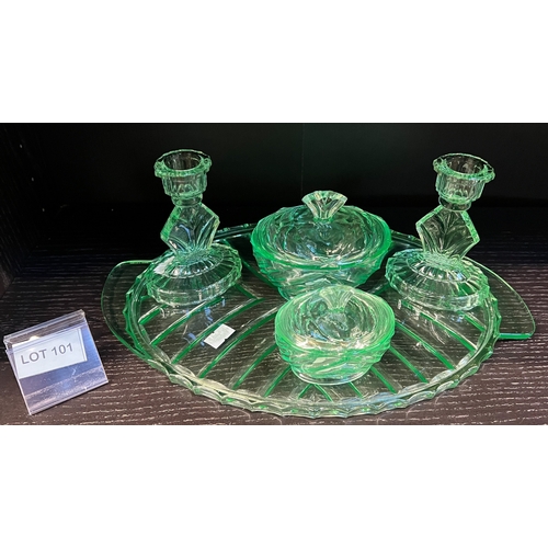 101 - Uranium glass art deco vanity set (it glows)