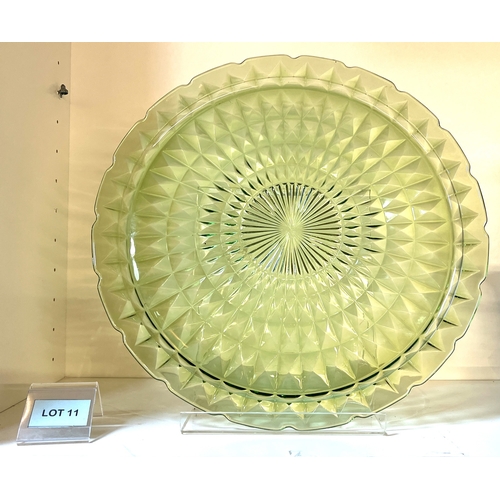 11 - Impressive large windsor green uranium glass torte plate by Jeannette (it glows)