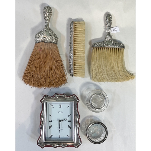 461 - Collection of silver items, including vanity set salts and clock