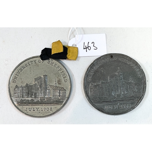 463 - 2x university of Sheffield medals July 1905