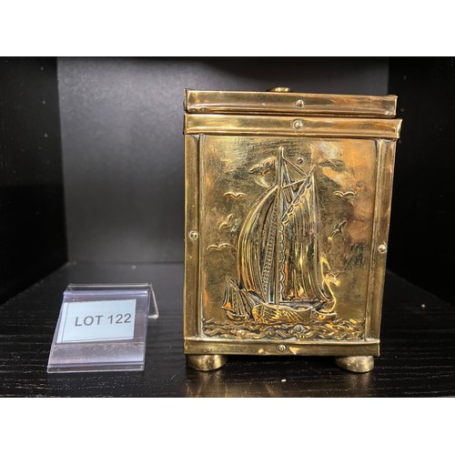 122 - Brass tea caddy depicting a ship c1920