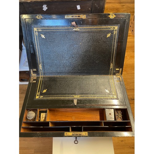 15 - Travelling Edwardian writing slope complete with Inkwell, secret compartments, key and brass inlay