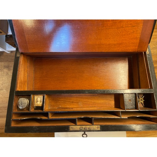 15 - Travelling Edwardian writing slope complete with Inkwell, secret compartments, key and brass inlay