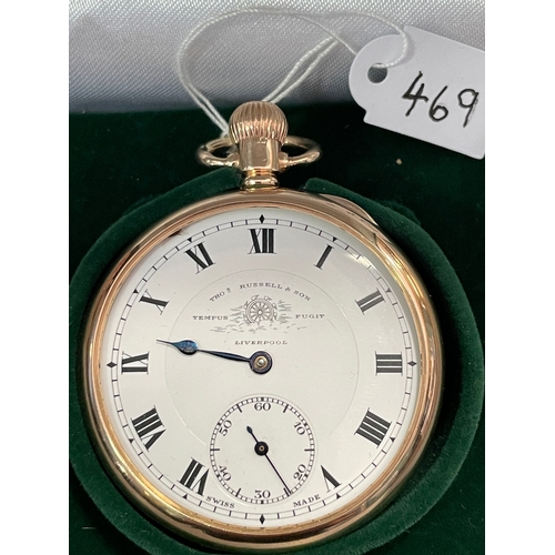 469 - 9ct gold pocket watch “Theo’s Russell & son Liverpool” Swiss made. In working order. Total overall w... 