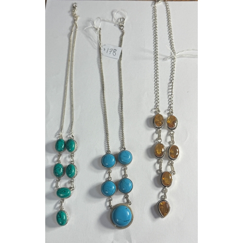 178 - Three silver necklaces, believed to be - one inset with smokey topaz, one inset with turquoise, one ... 