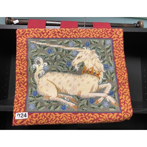 24 - Hand embroidered wall hanging of unicorn