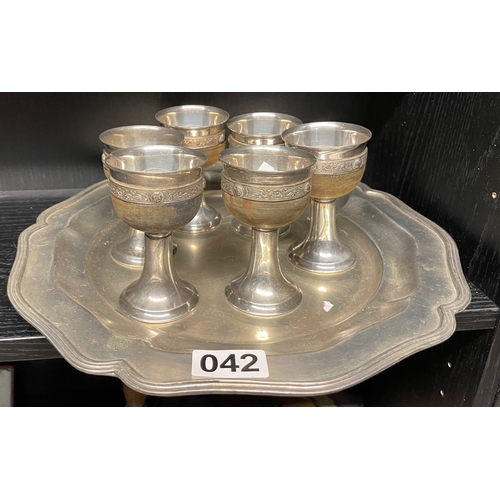 42 - Pewter tray and goblets