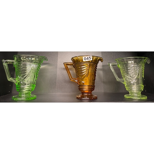 45 - 3 art deco jugs including uranium glass