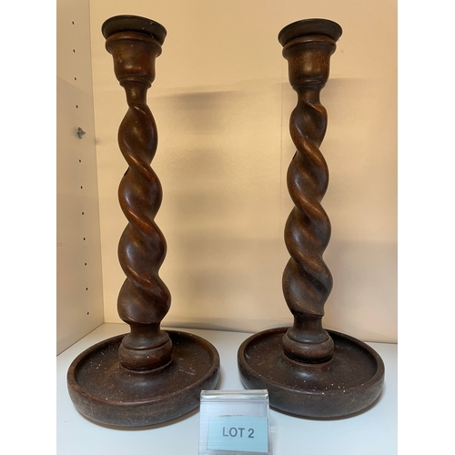2 - Pair of Barley twist oak candlesticks