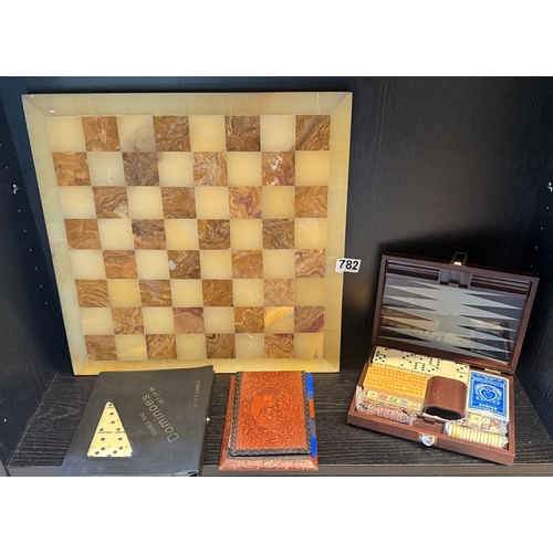 782 - Games set and more including alabaster chessboard