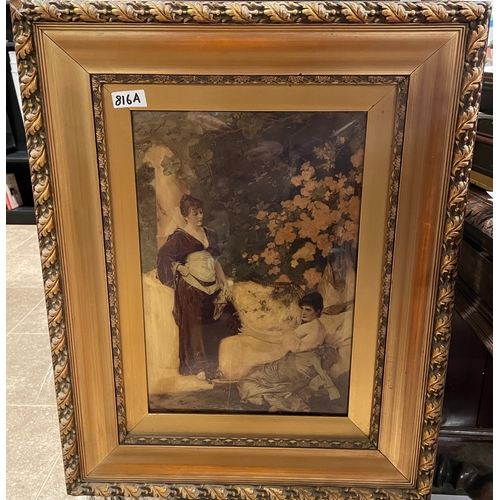 816A - Early Victorian crystoleum set in gold frame with oak leaf design