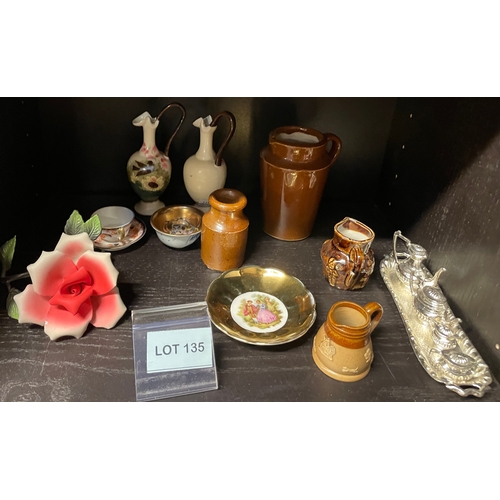 A mixed collection of miniature curios, including a large ceramic rose ...