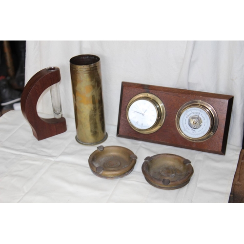 294 - BRASS SHELL CASE VASE WITH POTS, BAROMETER ETC