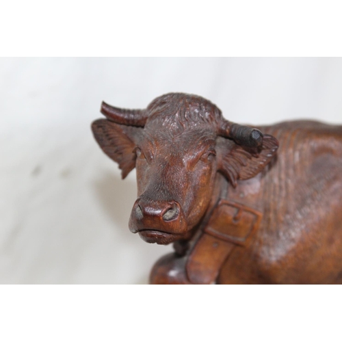 378 - BLACK FOREST LINDEN WOOD COW FIGURE MARKED AS HUGGLER FRERE