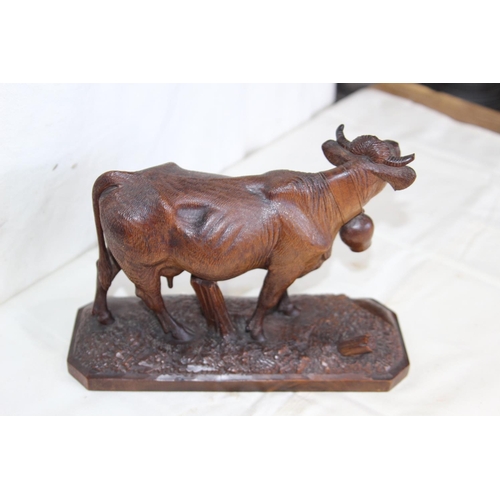 378 - BLACK FOREST LINDEN WOOD COW FIGURE MARKED AS HUGGLER FRERE