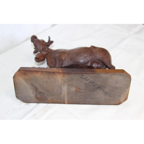 378 - BLACK FOREST LINDEN WOOD COW FIGURE MARKED AS HUGGLER FRERE