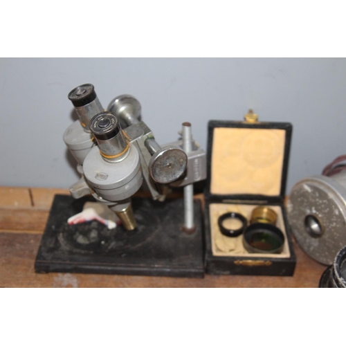 319 - VINTAGE MICROSCOPE AND ATTACHMENTS ETC