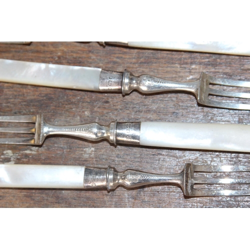 561 - SET OF 6 SILVER BANDED MOTHER OF PEARL FRUIT KNIFES AND FORKS