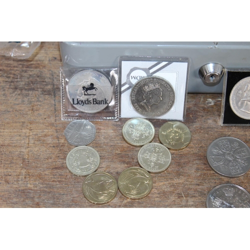 576 - QUANTITY OF INTERESTING COINS AND SAFE BOX