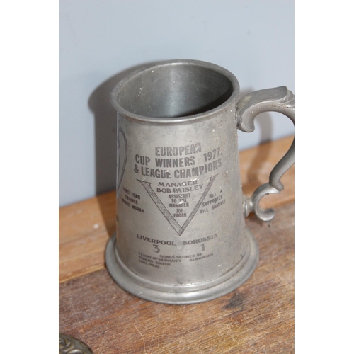 604 - MIXED LOT OF INTERESTING LOTS INCLUDING LIVERPOOL COMMEMORATIVE 1977 EUROPEAN CUP TANKARD