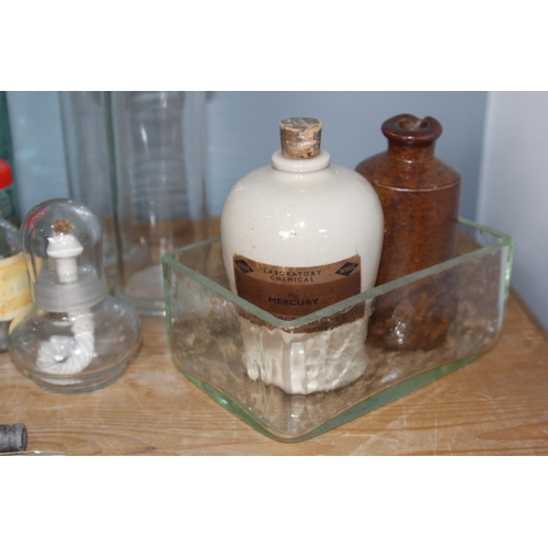 245 - LARGE QUANTITY OF VINTAGE APOTHECARY CHEMISTRY BOTTLES - ONE POSSIBLY WITH MERCURY INSIDE