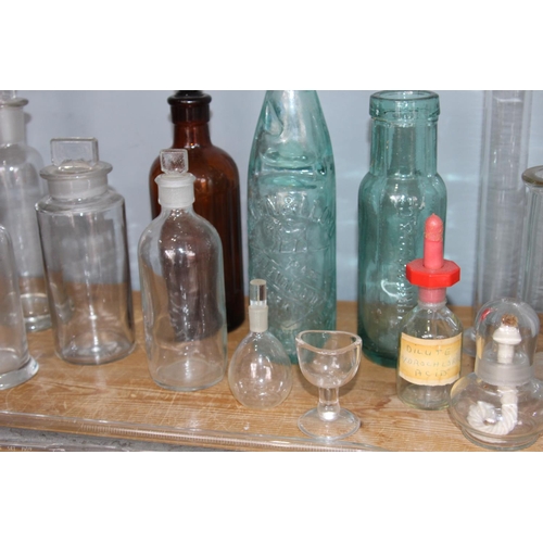 245 - LARGE QUANTITY OF VINTAGE APOTHECARY CHEMISTRY BOTTLES - ONE POSSIBLY WITH MERCURY INSIDE