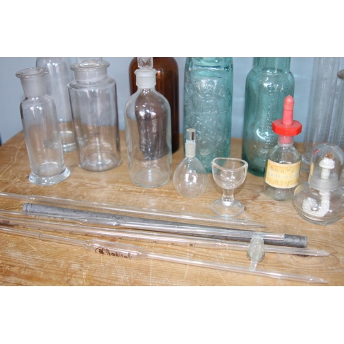 245 - LARGE QUANTITY OF VINTAGE APOTHECARY CHEMISTRY BOTTLES - ONE POSSIBLY WITH MERCURY INSIDE