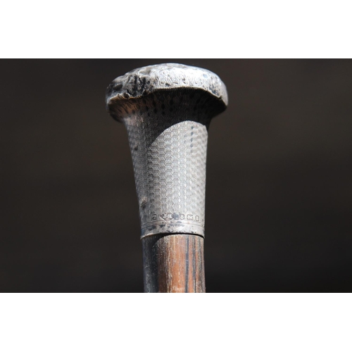 472 - SILVER BANDED WALKING STICK AND SILVER TOPPED WALKING CANE