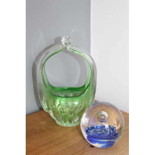 568 - ART GLASS BASKET VASE AND PAPER WEIGHT
22CM