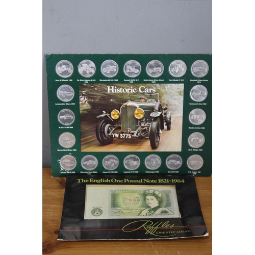 599 - HISTORICAL CAR COIN COLLECTION AND ENGLISH ONE POUND NOTE