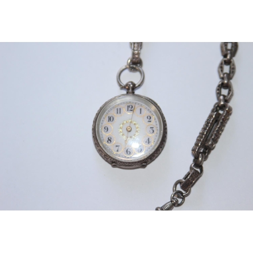 672 - LADIES SILVER FOB WATCH AND CHAIN