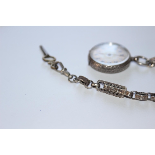 672 - LADIES SILVER FOB WATCH AND CHAIN